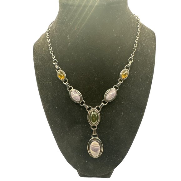 Black Metal Y Style Lariat Necklace Multi stone Gray Green and Gold Stones - Picture 2 of 5